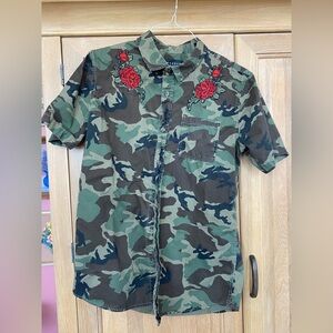 Pacsun Camouflage Shirt with Red Rose Embroidery